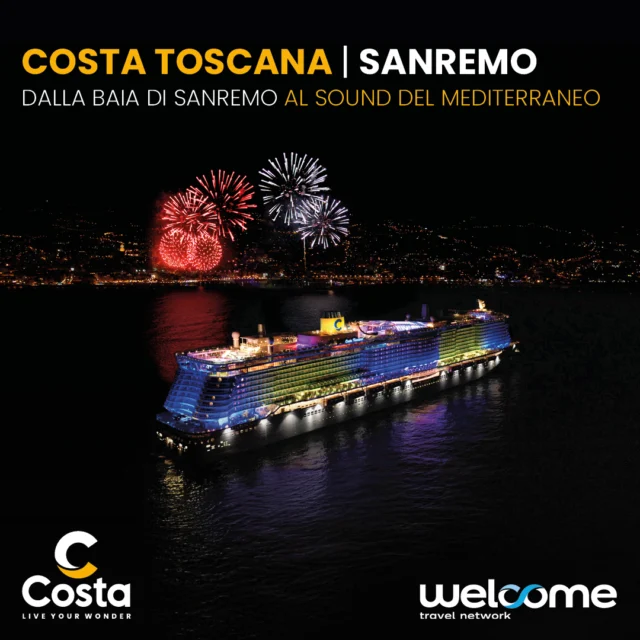 Costa Toscana è pronta a stupirti anche quest’anno a Sanremo per la settimana della musica più elettrizzante che ci sia! Cosa ti aspetta? Le destinazioni più belle del Mediterraneo, party musicali esclusivi con Dj internazionali, aperitivi in musica e molto altro, tra cui un momento clou: l'esibizione live durante il Gran Finale! Prenota in Agenzia, se lo fai prima del 30 ottobre hai anche le bevande gratis a bordo, ogni volta che vuoi.